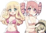  3girls bikini bikini_skirt blonde_hair blush breasts brown_eyes cleavage collarbone drill_hair green_eyes hair_ribbon hairband highres jashin-chan_dropkick large_breasts long_hair looking_at_viewer multiple_girls navel open_mouth pekora_(jashin-chan_dropkick) pink_bikini pink_eyes pink_hair pino_(jashin-chan_dropkick) poporon_(jashin-chan_dropkick) ransusan ribbon shiny shiny_hair shiny_skin short_hair side-tie_bikini_bottom simple_background smile sweat swimsuit twin_drills white_background white_bikini 