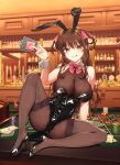  1girl 22/7 :p animal_ears black_footwear black_leotard breasts brown_eyes brown_hair card casino_card_table condom fake_animal_ears high_heels holding holding_card holding_condom large_breasts leotard long_hair nagareboshi pantyhose playboy_bunny rabbit_ears sitting solo table tachikawa_ayaka tongue tongue_out wrist_cuffs 