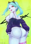  1girl a-o_a absurdres ass breasts colored_sclera cyberpunk_(series) cyberpunk_edgerunners green_hair highres jacket looking_at_viewer looking_back medium_breasts rebecca_(cyberpunk) red_sclera slingshot slingshot_swimsuit solo swimsuit thick_thighs thighs twintails yellow_eyes 