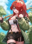  1girl :d absurdres bandeau bangs bare_shoulders black_gloves black_hair black_shorts blue_sky blurry blurry_background breasts cleavage cloud commentary_request cowboy_shot day devonrex fingerless_gloves gloves green_jacket hair_over_one_eye hands_up highres holding holding_sword holding_weapon jacket lain_paterson large_breasts long_hair long_sleeves looking_at_viewer multicolored_hair nijisanji off_shoulder open_clothes open_fly open_jacket open_mouth outdoors over_shoulder ponytail pouch purple_eyes red_hair shinai short_shorts shorts sky smile solo standing strapless streaked_hair suspenders sword thighs tube_top weapon weapon_over_shoulder 