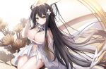  1girl absurdly_long_hair absurdres azur_lane black_hair breasts cleavage detached_collar dress flower gloves green_eyes hair_flower hair_on_horn hair_ornament highres horns indomitable_(azur_lane) large_breasts long_hair proverbs_zhenyan revealing_clothes sitting solo thighs very_long_hair white_dress white_gloves 