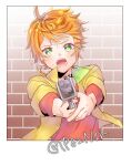  absurdres ahoge alternate_costume emma_(yakusoku_no_neverland) green_eyes gun hair_between_eyes hair_ornament highres holding holding_gun holding_weapon jacket long_sleeves neck_tattoo number_tattoo open_mouth orange_hair red_shirt shirt tattoo tp82n1r weapon x_hair_ornament yakusoku_no_neverland yellow_jacket 