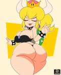  2022 absurd_res animal_humanoid big_breasts big_butt blonde_hair bowser bowsette_meme bracelet breasts butt cleavage clothed clothing collar crown cuadra_side ear_piercing eyes_closed female hair hi_res horn humanoid jewelry koopa_humanoid mario_bros meme nintendo open_mouth open_smile panties piercing ponytail scalie scalie_humanoid simple_background smile solo spiked_bracelet spiked_collar spikes super_crown thick_thighs underwear video_games 