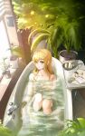  1girl absurdres alicia_leonora bath bathing bathroom blonde_hair completely_nude highres looking_at_viewer nude original plant water yellow_eyes 