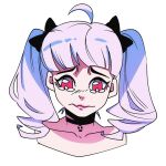  1girl among_us_eyes_(meme) bangs black_bow blunt_bangs bow choker collarbone cowlick hair_bow looking_down meme original pink_eyes portrait roxiee-chan solo tearing_up twintails wavy_mouth white_background white_hair 