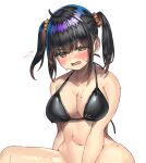  1girl ^^^ ahoge bangs bare_arms bare_shoulders bikini bikini_top_only black_bikini black_hair blush bottomless breasts brown_eyes brown_scrunchie cleavage collarbone commentary_request fang groin hair_ornament hair_scrunchie highres medium_breasts navel open_mouth original out-of-frame_censoring ranf scrunchie simple_background solo sweat swimsuit twintails wavy_mouth white_background 