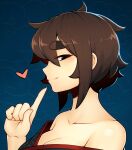  1girl ash_sarai bare_shoulders black_eyes blush breasts brown_hair cleavage closed_mouth collarbone d-floe finger_to_mouth from_side highres index_finger_raised large_breasts looking_at_viewer original short_hair smile solo thick_eyebrows 