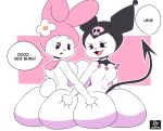  2022 anthro big_breasts big_butt breasts butt butt_grab cuadra_side demon dialogue duo english_text female female/female hand_on_butt hi_res huge_breasts huge_butt kuromi lagomorph leporid mammal my_melody onegai_my_melody open_mouth open_smile rabbit sanrio simple_background smile spade_tail text white_body 