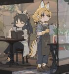  2girls alternate_costume alternate_hairstyle animal_ears apron black_pants blonde_hair blue_hair blue_shirt blush book bow bowtie brown_apron brown_bow brown_footwear casual cat_ears cat_girl cat_tail closed_eyes coat collared_shirt commentary_request crossed_legs cup denim extra_ears gloves hair_bow highres jeans kako_(kemono_friends) kemono_friends labcoat long_hair multiple_girls open_clothes open_coat pants plant print_bow print_bowtie print_gloves print_legwear reading serval_(kemono_friends) serval_print shirt short_braid short_hair short_sleeves sitting socks spawnfoxy tail teacup watering_can white_coat yellow_eyes 