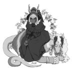  2022 absurd_res ais05 anthro black_and_white black_clothing black_dress black_nose black_sclera clothed clothing digital_media_(artwork) dragon dress duo female female_on_top fur hair hi_res horn hybrid lilith_(paledrake) looking_at_viewer lucius_(paledrake) male mammal monochrome on_top paledrake scales scalie simple_background sitting sitting_on_another unknown_species white_background white_body white_hair 