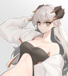  1girl absurdres arknights bangs bare_shoulders breasts cleavage commentary grey_background grey_hair hair_between_eyes halftone halftone_background highres horns jacket long_hair long_sleeves looking_at_viewer medium_breasts midriff no_navel off_shoulder open_clothes open_jacket orange_eyes saria_(arknights) solo stomach upper_body very_long_hair white_jacket yuki_nko64 