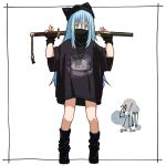  1other bangs black_gloves blue_hair fingerless_gloves full_body gloves hat holding holding_sword holding_weapon long_hair open_clothes open_shirt oversized_clothes oversized_shirt rimuru_tempest shirt solo sword ten_10wa tensei_shitara_slime_datta_ken weapon white_background yellow_eyes 