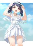  1girl angel_wings armpits black_hair blue_sky cloud commentary_request dress fangs flower fukumaru_koito hair_flower hair_ornament hands_up highres idolmaster idolmaster_shiny_colors jewelry looking_at_viewer looking_down medium_hair necklace open_mouth oyasuminasai31 purple_eyes short_dress skin_fangs sky solo thighs twintails white_dress wings wrist_cuffs 