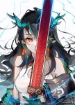 1girl arknights arm_tattoo bare_shoulders black_collar black_hair black_jacket breasts china_dress chinese_clothes cleavage_cutout clothing_cutout collar colored_skin dragon_girl dragon_horns dress dusk_(arknights) earrings green_hair green_skin holding holding_sword holding_weapon horns jacket jewelry long_hair medium_breasts multicolored_hair necktie off_shoulder one_eye_covered painttool_sai_(medium) phhdss pointy_ears red_eyes red_necktie simple_background sleeveless sleeveless_dress solo streaked_hair sword tassel tassel_earrings tattoo weapon white_background white_dress 