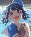  1girl ayano_yuu_(sonma_1426) black_hair blue_sky commentary_request day fangs fukumaru_koito hat idolmaster idolmaster_shiny_colors looking_at_viewer looking_down mini_hat portrait purple_eyes sailor_collar sailor_hat skin_fangs sky solo tray twintails upper_body 