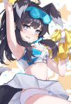  1girl animal_ears armpits arms_up bangs bare_shoulders black_hair blue_archive blue_eyes blush bow bow_panties breasts cheerleader clothes_lift cowboy_shot crop_top dog_ears dog_girl dog_tail eyewear_on_head goggles goggles_on_head halo hibiki_(blue_archive) hibiki_(cheerleader)_(blue_archive) highres holding holding_pom_poms long_hair looking_at_viewer medium_breasts midriff miniskirt open_mouth panties pleated_skirt pom_pom_(cheerleading) ripnte skirt skirt_lift sleeveless small_breasts solo star_(symbol) sticker_on_arm sticker_on_face tail underwear white_panties white_skirt 