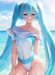  1girl :3 absurdres ai-assisted alternate_costume ass_visible_through_thighs blue_eyes blue_hair blush breasts cloud cloudy_sky covered_navel cowboy_shot day groin hair_between_eyes hatsune_miku highleg highres long_hair looking_at_viewer merrytail ocean off-shoulder_one-piece_swimsuit off_shoulder outdoors single_bare_shoulder sky small_breasts solo stomach swimsuit thighs twintails very_long_hair vocaloid 