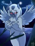  anthro blush breasts deathzera female hand_on_breast hi_res looking_at_viewer mega_absol mega_evolution moon naturally_censored night nintendo outside pokemon pokemon_(species) pokemorph red_eyes solo video_games white_body wings 
