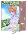  1girl absurdres ball emma_(yakusoku_no_neverland) green_eyes highres holding holding_ball neck_tattoo number_tattoo open_mouth orange_hair shirt short_hair short_sleeves smile tattoo tp82n1r tree under_tree white_shirt yakusoku_no_neverland 