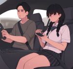  1boy 1girl bandaid bandaid_on_face black_hair blush braid breasts car_interior collared_shirt driving father_and_daughter highres holding holding_phone huge_breasts long_hair neckerchief original pepper0 phone pleated_skirt seatbelt shirt short_hair sitting skirt thighs twin_braids 