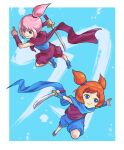  2girls ana_(warioware) blue_background blue_eyes blue_scarf blush child closed_mouth comma03 hime_cut holding holding_sword holding_weapon kat_(warioware) katana multiple_girls ninja orange_hair pink_hair ponytail purple_scarf scarf short_twintails smile sword twintails warioware weapon 