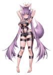  1girl :o absurdres animal_ear_fluff animal_ears armpits arms_up bangs barefoot black_nails blunt_bangs blush braid breasts double_v full_body guild_cq highres hot_limit large_breasts long_hair looking_at_viewer millet_(milletneko) nail_polish open_mouth purple_eyes purple_hair quon_tama revealing_clothes side_braid simple_background skindentation solo standing t.m.revolution tail transparent_background twintails underboob v very_long_hair virtual_youtuber 