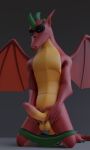  3d_(artwork) absurd_res american_dragon:_jake_long anthro balls blender_(software) bottomwear claws clothed clothing digital_media_(artwork) disney dragon erection genitals hi_res jake_long kneeling looking_at_viewer male no-name-no-problem penis red_body reptile scalie simple_background skimpy smile solo western_dragon wings 