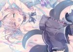  1girl aqua_eyes artist_request bangs blue_ribbon breasts heterochromia highres indie_virtual_youtuber light_purple_hair long_hair looking_at_viewer lying monocle mouth_hold on_back pacifier purple_eyes ribbon shirt skirt sleeveless sleeveless_shirt small_breasts solo stylus tentacles umiushi_kanata virtual_youtuber white_shirt 