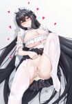  1girl absurdly_long_hair absurdres after_sex azur_lane black_hair black_skirt breasts choker cleavage crotchless crotchless_pantyhose cum cum_in_pussy feet_out_of_frame frilled_choker frills hair_between_eyes heart heart-shaped_pupils highres huge_breasts indomitable_(azur_lane) indomitable_(ms._motivationless_maid)_(azur_lane) long_hair looking_at_viewer lying maid_headdress miniskirt no_panties official_alternate_costume on_back overflow panties pantyhose pleated_skirt simple_background skindentation skirt solo symbol-shaped_pupils thighs tierla underwear very_long_hair white_background white_pantyhose yellow_eyes 