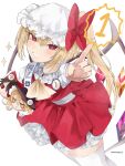  1girl arm_up artist_name ascot bangs blonde_hair blush bow breasts brown_hair brown_headwear character_doll closed_mouth collared_shirt cross cross-shaped_pupils crystal detached_sleeves doll flandre_scarlet frills fumo_(doll) gomashiopappa_k hair_between_eyes hair_bow hair_ornament hair_tubes hakurei_reimu hands_up hat hat_bow highres jewelry kirisame_marisa long_sleeves looking_at_viewer looking_to_the_side medal medium_breasts miniskirt mob_cap multicolored_wings numbered one_side_up pointing puffy_long_sleeves puffy_short_sleeves puffy_sleeves red_bow red_eyes red_skirt red_vest sash shirt short_hair short_sleeves simple_background skirt skirt_set smile smug solo standing star_(symbol) symbol-shaped_pupils teeth thighhighs touhou vest white_background white_bow white_headwear white_shirt white_thighhighs wide_sleeves wings witch_hat yellow_ascot 