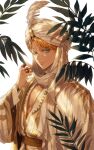  1boy alberu_crossman arabian_clothes blonde_hair blue_eyes glint highres jewelry korean_commentary leaf looking_at_viewer lout_of_count&#039;s_family male_focus mua plant ring smile solo turban upper_body white_background 