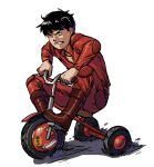 1boy akira black_hair boots highres jacket kaneda_shoutarou loppiart pants parody red_footwear red_jacket red_pants riding_tricycle shadow simple_background solo tricycle white_background 