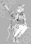  1girl admire_vega_(umamusume) alternate_costume animal_ears bangs capelet corset fingerless_gloves full_body gears gloves greyscale highres horse_ears horse_girl horse_tail invisible_chair long_hair looking_to_the_side low_ponytail monochrome shoes short_hair sideways_mouth sinnra_art sitting solo tail telescope umamusume 