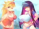  2022 2girls absurdres artist_name besthetz blonde_hair blue_eyes bow breasts colored_inner_hair day highres huge_breasts large_breasts multicolored_hair multiple_girls one_eye_closed outdoors panty_&amp;_stocking_with_garterbelt panty_(psg) pink_hair purple_hair stocking_(psg) swimsuit visor_cap volleyball 