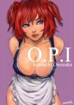  1girl apron breasts character_name cleavage contrapposto hair_bobbles hair_ornament johnalay large_breasts lips looking_to_the_side naked_apron nose onozuka_komachi purple_background red_hair solo touhou two_side_up waist_apron 