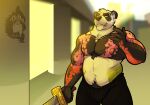  anthro arm_tattoo blurred_background giant_panda jewelry looking_at_viewer looking_down male mammal musclegut necklace pants_only shirtless_anthro shirtless_male smoking solo tattoo thekinkybear ursid 