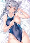  1girl absurdres animal_ears bangs bare_shoulders bed_sheet blue_archive blue_eyes blush breasts cle_masahiro collarbone covered_navel earrings fingernails grey_hair hair_ornament highleg highleg_swimsuit highres jewelry looking_at_viewer lying medium_breasts nipples on_back one-piece_swimsuit scan shiny shiny_hair shiroko_(blue_archive) shiroko_(swimsuit)_(blue_archive) simple_background solo swimsuit 