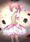  1girl bubble_skirt choker gloves highres hoshikage_wataru kaname_madoka looking_at_viewer magical_girl mahou_shoujo_madoka_magica open_mouth pink_choker pink_eyes pink_hair short_hair short_sleeves skirt socks solo standing two_side_up white_gloves white_skirt white_socks 