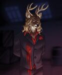  absurd_res alfredo_reyundo_(li&#039;l_melon) angry anthro antlers blood blood_on_clothing bloody_hand_print bodily_fluids brown_body brown_fur cervid clothing flaviomodezto fur hair hands_behind_back hi_res horn inner_ear_fluff long_hair looking_down male mammal pocket_square solo strays_in_paradise suit tuft wavy_hair 