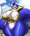  anthro big_breasts blue_body blue_fur breasts camel_toe canid canine cleavage clothed clothing female fur hair hair_over_eye hi_res huge_breasts mammal nipple_outline nobody147 one_eye_obstructed panties solo thick_thighs underwear 
