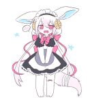  ambiguous_species anthro bandage black_uniform blush blush_lines clothing female fluffy fluffy_tail fur hair hi_res horn kemono krande lu-chan maid_uniform mammal nervious open_mouth pink_pupils plate pupils ribbons solo star uniform white_body white_fur white_hair 