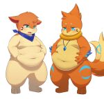  absurd_res anthro badcat belly_focus buizel duo fur generation_4_pokemon hi_res holding_belly jewelry male navel necklace nintendo nude orange_body orange_fur overweight overweight_male pokemon pokemon_(species) standing video_games white_body white_fur 