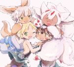  1boy 1other 2boys animal_ears backless_outfit brown_eyes brown_fur brown_hair extra_arms extra_tails fangs faputa fewer_digits green_eyes happy highres horizontal_pupils kurage2535 made_in_abyss mechanical_arms multiple_boys nanachi_(made_in_abyss) rabbit_ears rabbit_tail regu_(made_in_abyss) riko_(made_in_abyss) short_hair smile tail whiskers white_fur white_hair 