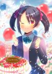  1girl ;) balloon bangs black_hair black_jacket blazer blue_bow blurry blurry_background blurry_foreground blush bow cake cardigan closed_mouth collared_shirt commentary_request commission day depth_of_field diagonal-striped_bow food hair_between_eyes hair_bow hands_up happy_birthday jacket kou_hiyoyo looking_at_viewer love_live! love_live!_school_idol_project one_eye_closed open_clothes open_jacket outdoors parted_bangs pink_cardigan red_bow red_eyes school_uniform shirt skeb_commission smile solo twintails white_shirt yazawa_nico 