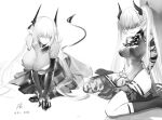  1girl ams_(deathname1994) arknights arms_behind_back artist_name ascot bound breasts chained_sarkaz_girl cleavage closed_mouth clothes_pull covered_navel dated demon_girl demon_horns demon_tail dress elbow_gloves gloves grey_theme hair_over_eyes highres horns large_breasts leotard long_hair looking_at_viewer multiple_views pointy_ears red_eyes skirt skirt_pull smile spot_color tail twintails very_long_hair war 