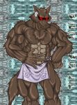  anthro brown_body brown_fur canid canine canis corrector_yui dilgearwolfang eyewear fur male mammal muscular muscular_male solo sunglasses towel towel_around_waist towel_only war_wolf wolf 