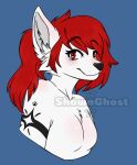  anthro arm_tattoo black_tattoo canid canine canis cheek_tuft chest_tuft digital_drawing_(artwork) digital_media_(artwork) ear_tuft facial_tuft female fur hair inner_ear_fluff looking_at_viewer mammal ponytail red_eyes red_hair shawnghost simple_background smile solo tattoo tuft white_body white_fur wolf 