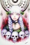  1girl albino albino_(vocaloid) bangs blunt_bangs braid cat choker clock cropped_torso expressionless johnalay kaenbyou_rin looking_at_viewer painting_(medium) pink_eyes signature skull solo touhou traditional_media twin_braids upper_body watercolor_(medium) white_hair 