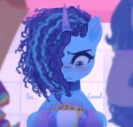  absurd_res blue_hair bodily_fluids bucket container cornrows curled_hair equid equine food freckles hair hasbro hi_res horn izzy_moonbow_(mlp) mammal marenlicious misty_(g5) mlp_g5 my_little_pony popcorn tears unicorn 