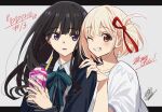  2girls black_hair blonde_hair blue_ribbon copyright_name cup drinking_straw hair_ribbon hand_on_another&#039;s_shoulder highres holding holding_cup inoue_takina kawachi_rin letterboxed lycoris_recoil lycoris_uniform multiple_girls nishikigi_chisato one_eye_closed one_side_up open_mouth parted_lips purple_eyes red_eyes red_ribbon ribbon school_uniform shirt signature white_background white_shirt 